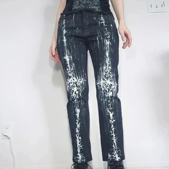 Gothic & grunge black and white abstract hand-painted straight-legged jeans - Picture 5 of 16